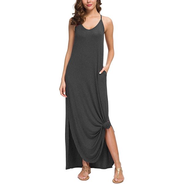 

plus size summer women dresses v neck spaghetti strap solid maxi long dress casual loose beach slip dress split vestido 2019, Black;gray
