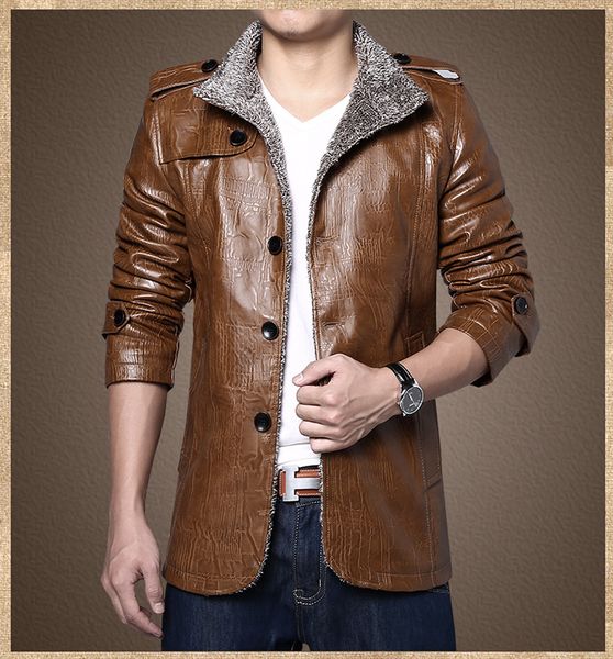 

men winter fashion thick warm leather jacket pu men jacket single-breasted middle aged leather plus m-8xl, Black