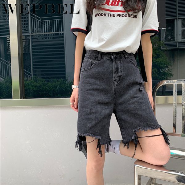 

wepbel лето vintage denim шорты высокой талией женщина свободные кисточкой отверстия straight leg широкие брюки джинсовые шорты, Blue