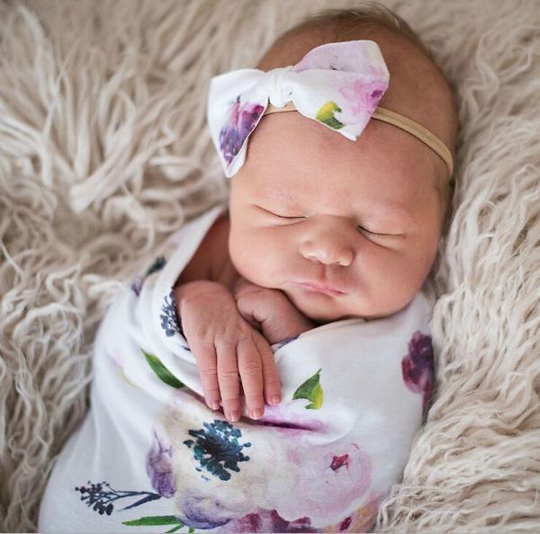 

ins new baby sleeping bag + headband european american style flowers printed child sleeping bag infant wrapped