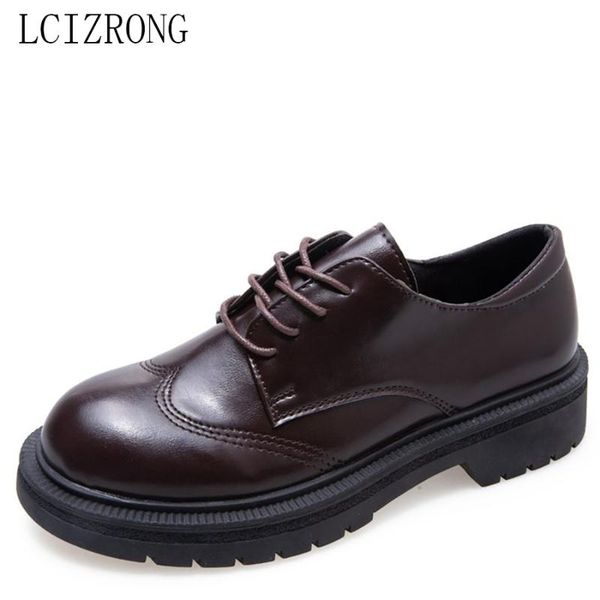 

lcizrong women oxford shoes work lace-up pu leather ladies flats rubber sole british style oxford shoes, Black