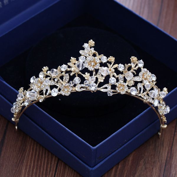 

flower rhinestone pearl tiaras and crowns light gold wedding hair crown wedding tiara for brides, Golden;white