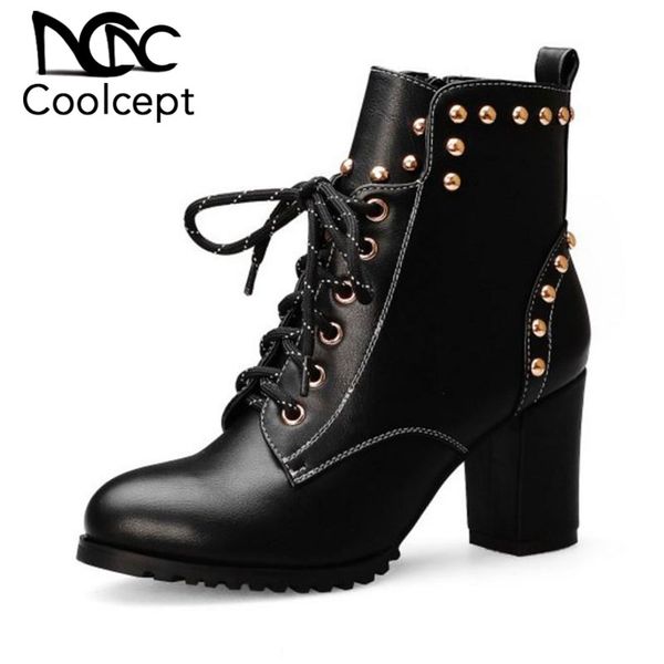 

coolcept women high heels ankle boots cross strap rivets zipper winter warm boots daily ladies shoes footwear size 32-43, Black