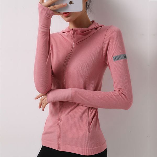 

hoodie running jacket women long sleeve zip fitness yoga shirt workout gym activewear sport coats training nylon spandex, Black;red