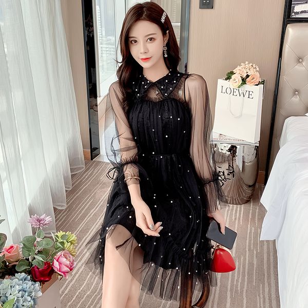 

autumn spring korean style high waist dress thin beaded peter pan collar long sleeve midi elegant dresses women clothing ta689, Black;gray