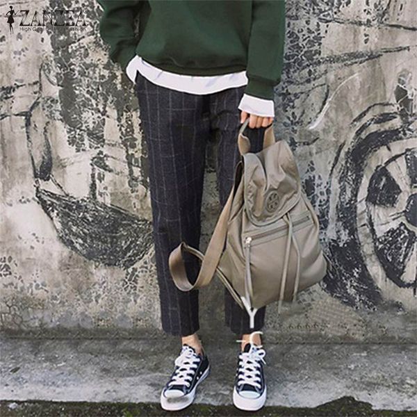 

s 5xl 2020 spring plaid harem trouser vintage check turnip pants zanzea women elastic waist work long pantalon female palazzo, Black;white