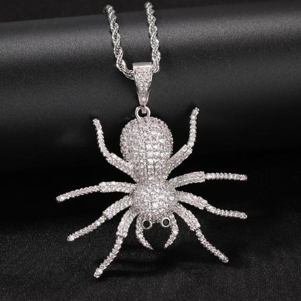 

new personalized gold bling cz cubic zirconia spider pendant necklace iced out diamond animal hip hop lovers jewelry gift for men women, Silver