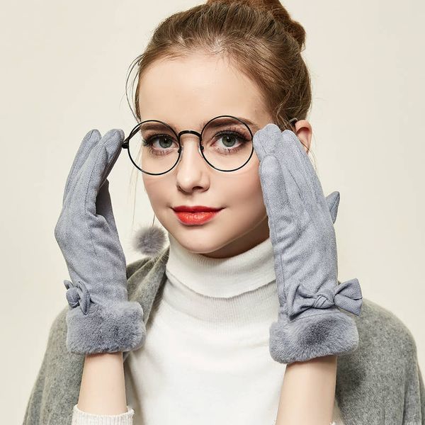 

warm winter women suede leather screen sense gloves double thick plush wrist mitten elegant ladies driving riding gloves, Blue;gray