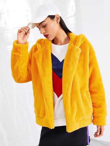 

2019 women short thick warm faux coat warm furry faux fur jacket long sleeve hooded outerwear winter coat women streetwear f926, Black