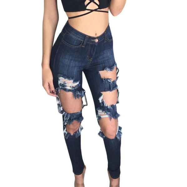 

women summer autumn hole high waist casual zipper pencil jeans tassel side splicing denim shorts fashion pants, Blue