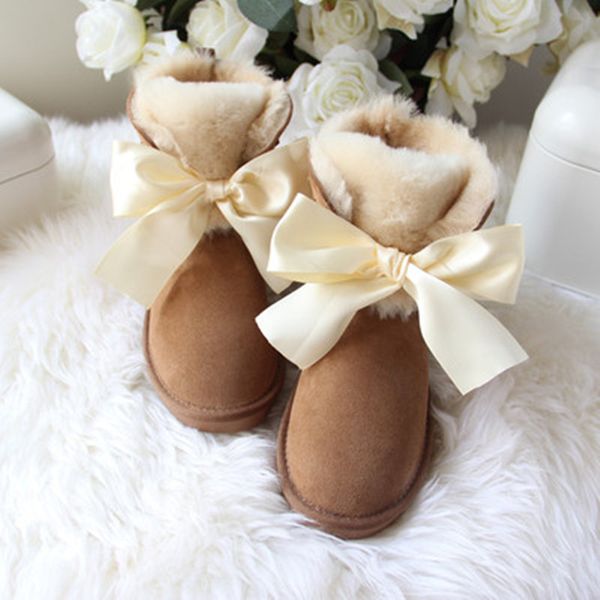 

bowknot 2019 100% genuine sheepskin leather woman snow boots natural fur women's boots warm wool winter, Black