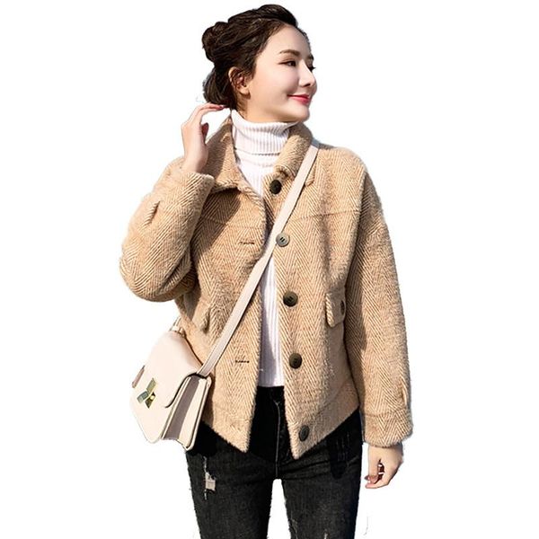 

женщины 2019 весна осень искусственной норки кашемира пальто с искусственным овечьей шерсти лайнера женский елочка шаблон отворотом пальто v, Black