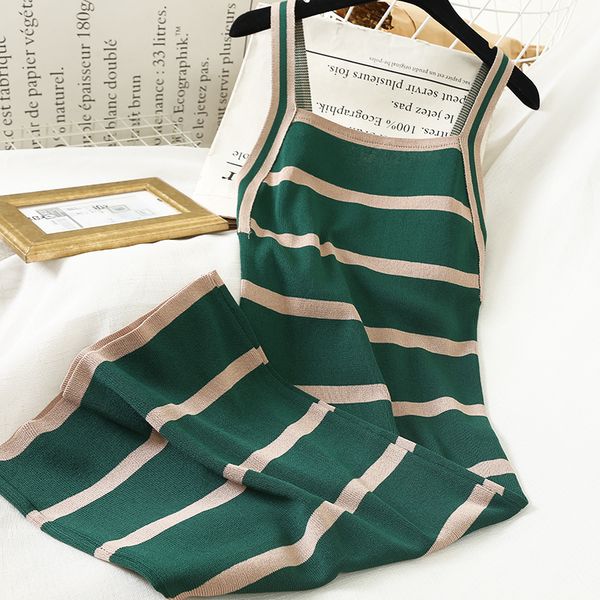 

candy-colored striped knitted group women 2020 summer new korean version women's dresses sleeveless slash neck dress, Black;gray