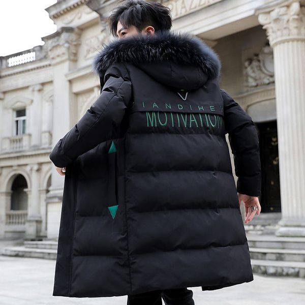 

parkas men 2019 new winter jacket long thicken warm cotton big fur hooded outwear hooded overcoat can be worn on both sides, Black