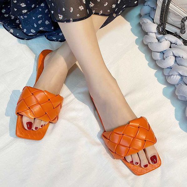

red leather weaving beach slippers women summer casual open toe flat heel sandals woman comfortable outdoor slides mujer, Black