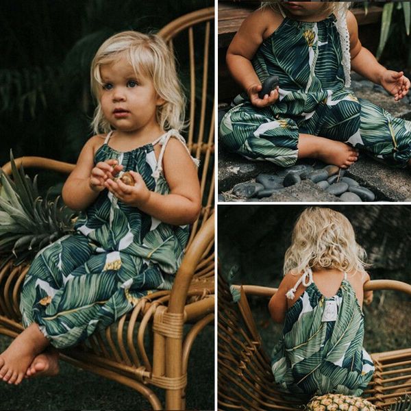 

toddler baby girls sleeveless halter boho print rompers baby clothes summer cute kids jumpsuit harem pants, Blue