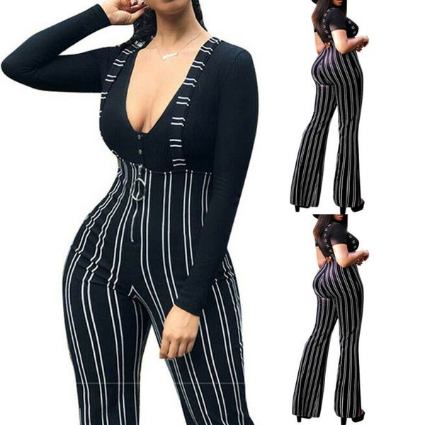 

2020 fashion women holiday striped playsuit romper ladies casual jumpsuit summer beach pants, Black;white