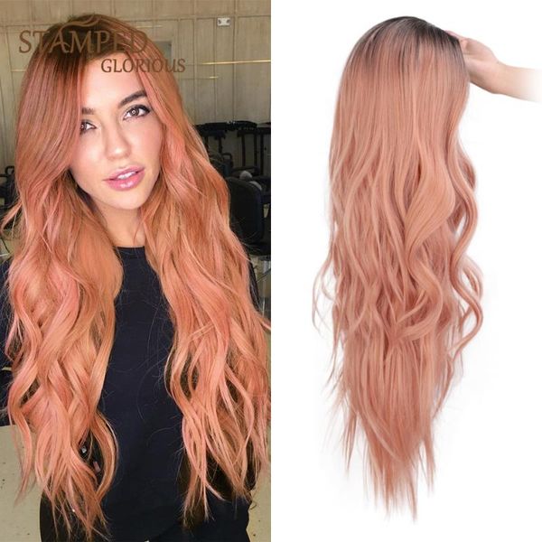 

штампованного славного 26inches средней части длинного парик волны природы синтетический розовый парик для женщин черного волнистой прически, Black