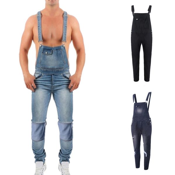 

fashion 2019 new fashion men ripped jeans jumpsuits men hole distressed denim bib overalls male plus size suspender pants 3xl, Blue