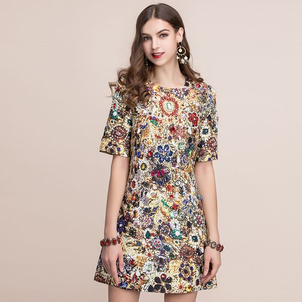 

2020 fashion runway summer dress women's short sleeve gorgeous crystal beading retro printed a line vintage dress, Black