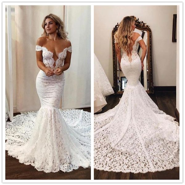 

2019 mermaid wedding dress full lace appliques off-shoulder beach wedding dress chapel train boho plus size bridal dress, White