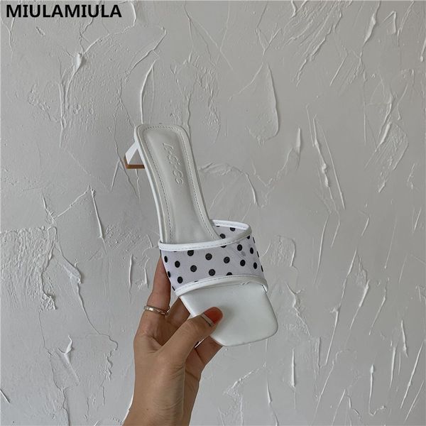 

miulamiula 2020 summer new air mesh polka dot high heels sandals lady pumps mules flip flops outside, Black