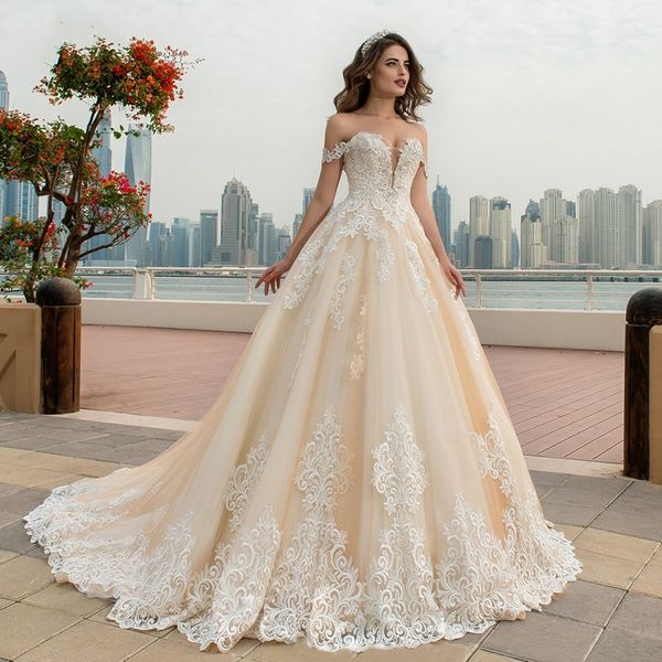 

vintage off the shoulder a line lace wedding dresses applique beading lace up champagne bride dress chapel train bridal gown plus size, White