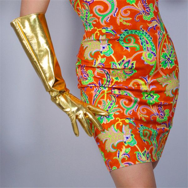

50cm patent leather pu gloves female wide cuff lantern sleeve faux leather mirror bright gold woman coat gloves p88, Blue;gray