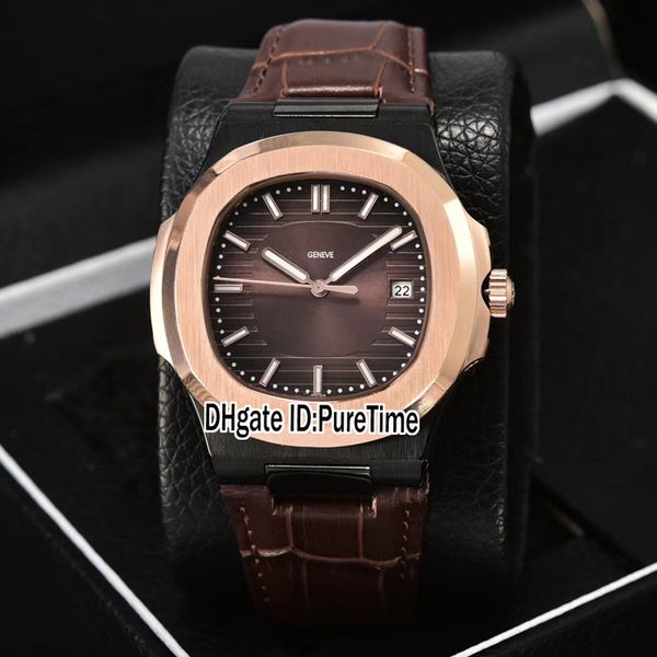 

new classic 5711 pvd steel two tone rose gold texture brown dial a2813 automatic mens watch brown leather watches 7 colors puretime pb302a5, Slivery;brown