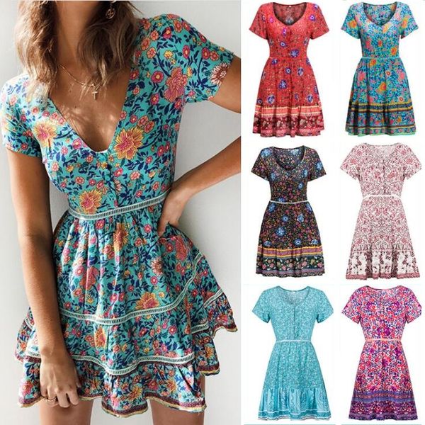 

Floral Printed Women Summer Dress 6 Colors V Neck Short Sleeve Sundress Breathable Cotton Vintage Dress Vacation Clothing Large Size