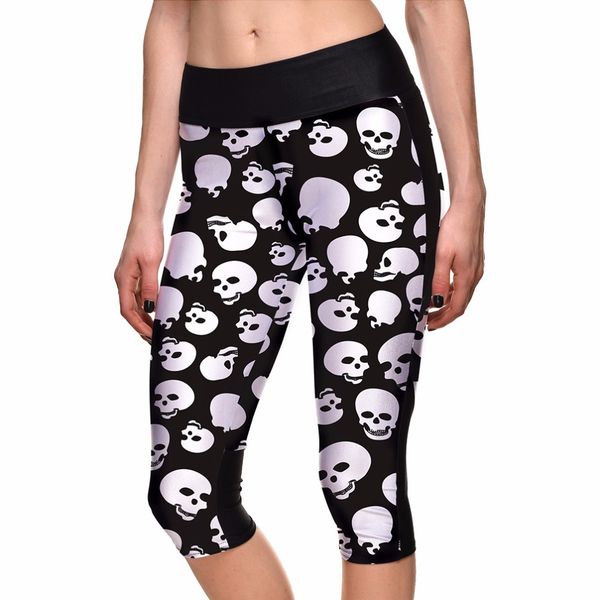 

halloween skull black sports fitness caprits womens capris plus size running gym bodybuilding leggings 3 patterns, Black;blue