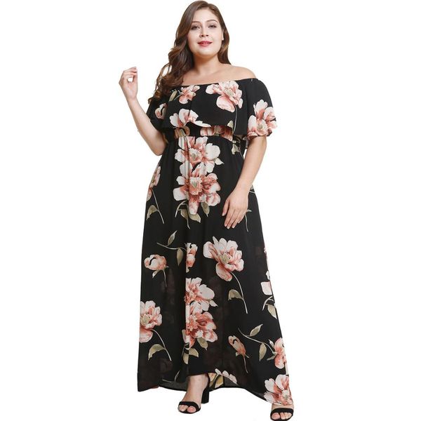 

europe and the united states new pregnancy large size women's dress long ruffled word shoulder print flower explosion dresses, White