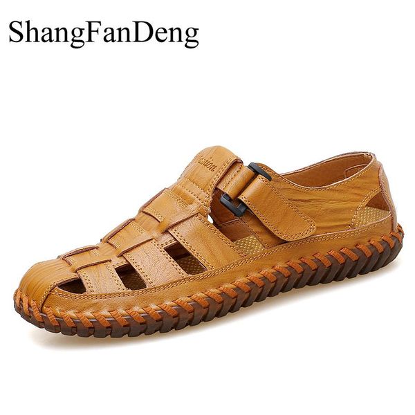 

plus size men sandals summer outdoor beach sandals genuine leather casual shoes handmade men shoes walking footwear, Black