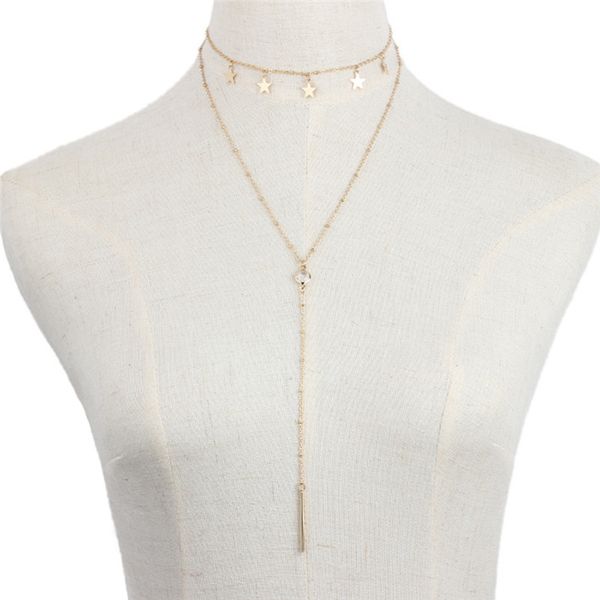 

women's necklace multilayer star bead metal necklace adjustable length retro rhinestone clavicle chain jewelry for female, Silver