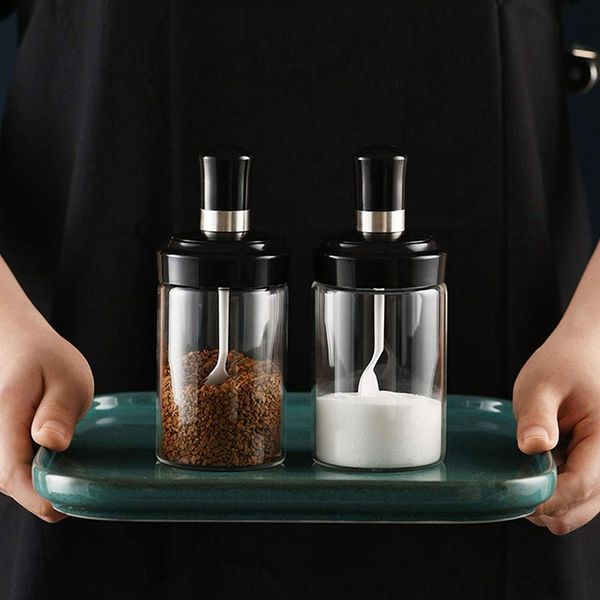 

glass spice jar with serving spoon and screw lid seasoning box condiment salt sugar storage food bottle for home kitchen other kitchen tools