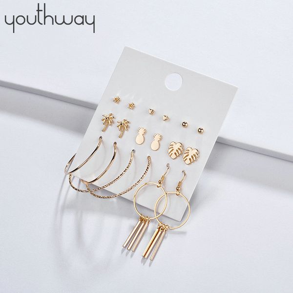 

9pairs set multi packs earrings geometry coconut leaves pineapple stud earing set big circle hoop earrings for women jewelry, Silver
