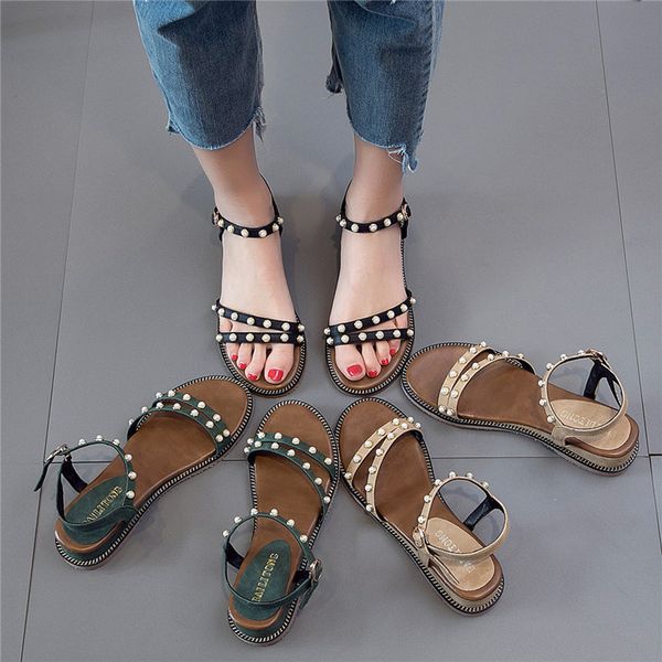 

girls student sandals summer women flip flops pearl bohemian sandals beach flat with shoes rome style female sandalia, Black