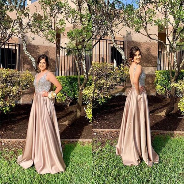 

v-neck beads sequins long prom dresses 2020 spaghetti staples sleeveless floor length satin plus size evening gown vestidos, Black