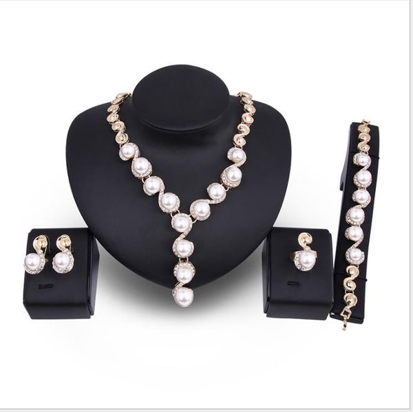 

european and american fashion trend hip hop personality concise and delicate accessories set with diamond pearl necklace earrings set bride, Silver