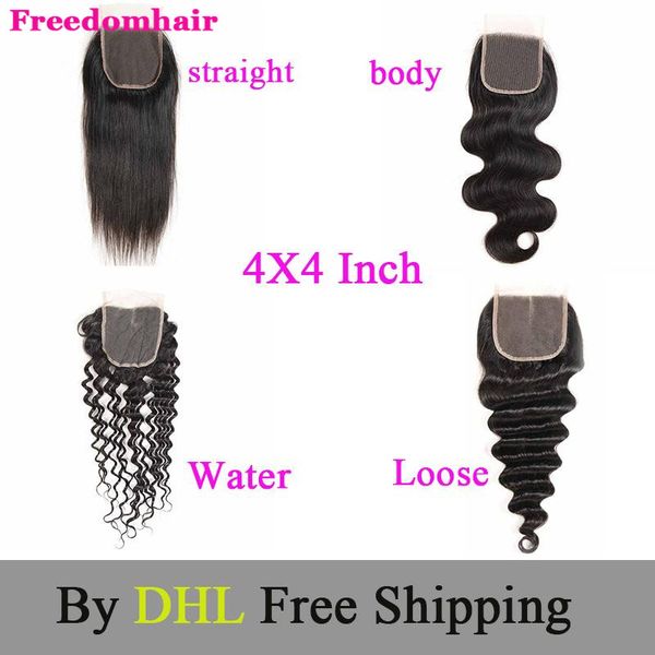

brazilian virgin lace closure 4x4 straight body wave peruvian human hair lace closure deep water wave bleached knot middle part, Black;brown