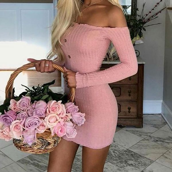 

women mini dress knitted elastic long sleeve bodycon elegant summer off the shoulder solid button party slim dresses #t2g, Black;gray