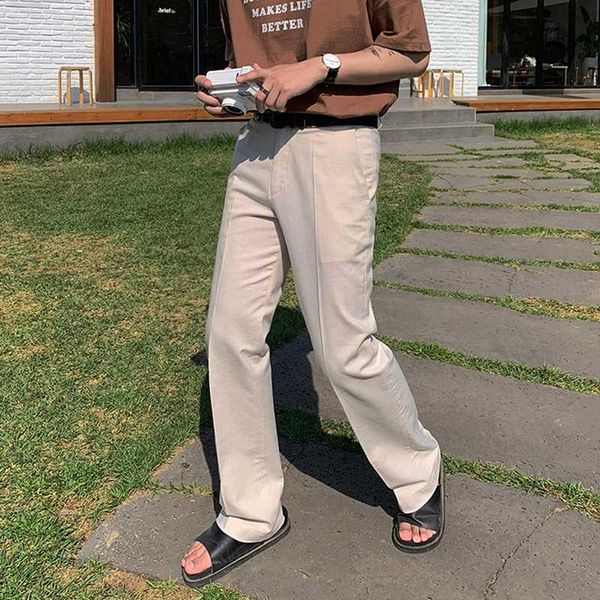 

men's pants ewq / wear korean casual 2021 summer slim straight loose cotton linen vintage streetwear trousers 9y2234, Black