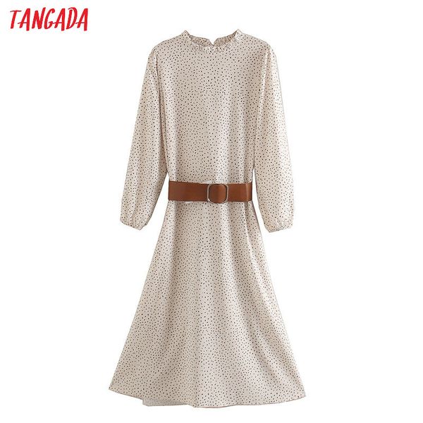 

tangada fashion women dots print elegant midi dress with belt 2020 new long sleeve ladies work dress vestidos xn326, Black;gray