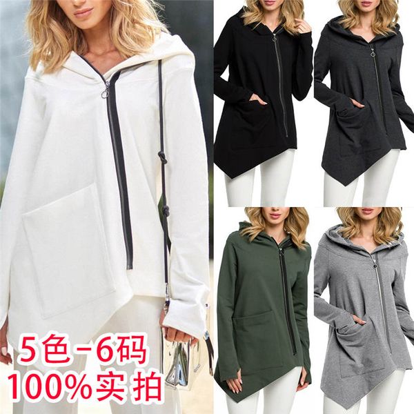 

женская толстовки осень случайные толстовки с капюшоном диагональ молния ветрозащитный теплая фуфайка устаревать зимы способа одеяния s-xxxl, Black