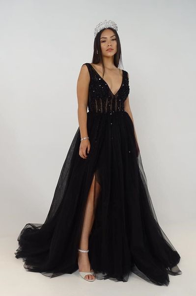 

gorgeous tulle v neck women long prom gown for evening party vestidos de prom custom made, Black;red