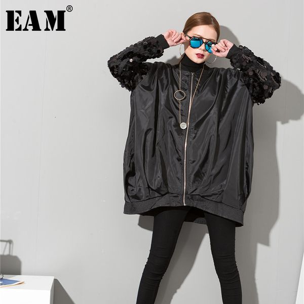 

eam] свободная посадка блесток сплит большой размер куртки новый стенд воротник с длинным рукавом женщины пальто мода прилив весна осень 20, Black;brown