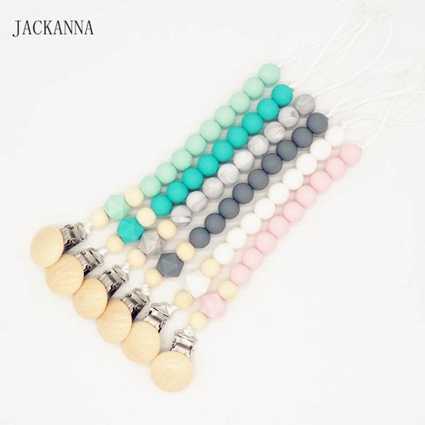 

silica gel baby pacifier chain clips baby clip chain holder wood beaded pacifier soother holder clip nipple teether dummy strap chain a8122