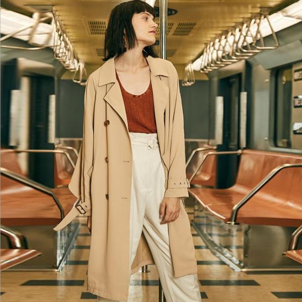 

spring and autumn new fashion long double breasted lotus leaf fairy windbreaker trench with belt women f1018, Tan;black