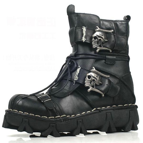 

fashion cowhide genuine leather military uniform boots gothic skull punk martin platform mid-calf boots steampunk shoes 18d50, Black