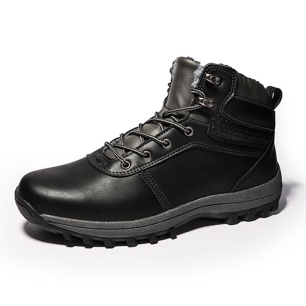 

puimentiua winter warm snow boots male genuine leather men shoes handmade plush male snow boots vintage british style men shoes, Black